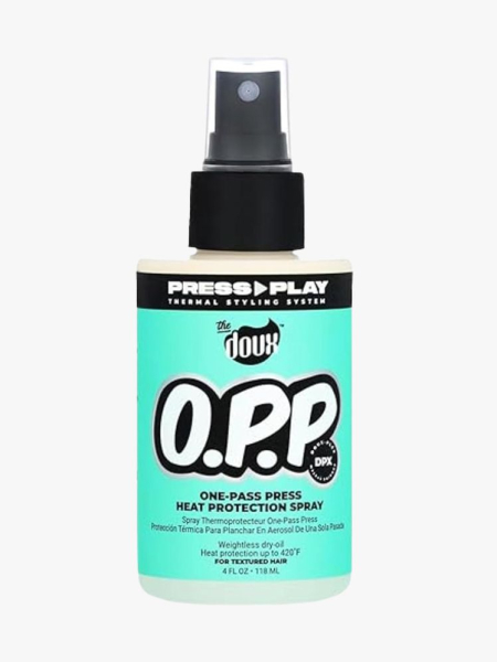 The Doux O.P.P. One-Pass-Press Heat Protection Spray in branded component on a light gray background