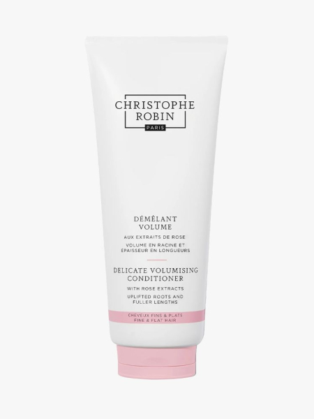 Christophe Robin Delicate Volumizing Conditioner white tube with pink cap on light gray background