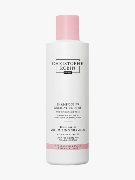 Christophe Robin Delicate Volumizing Shampoo white bottle with pink cap on light gray background