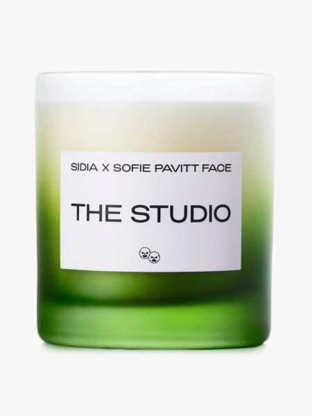 Sofie Pavitt Face X Sidia The Studio Candle in branded tub component on a light gray background