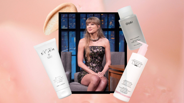 Image contains a photo of Taylor Swift surrounded by her favorite bath products