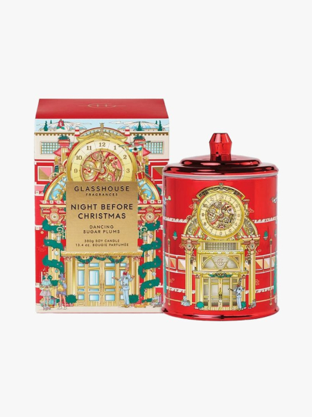 Glasshouse Fragrances Night Before Christmas Dancing Sugar Plums Candle red candle on light gray background