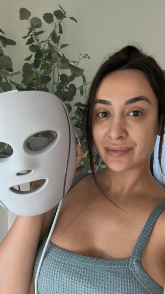 Allure shopping market editor Angela Trakoshis after using the Shark Beauty CryoGlow Cooling  LED Face Mask