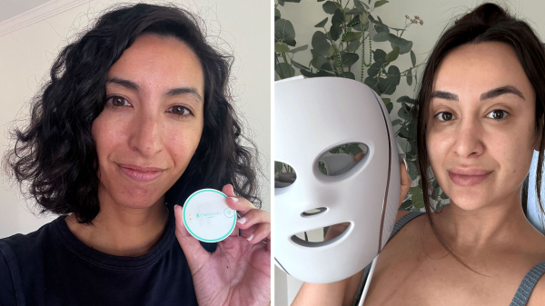 Image contains Allure editors holding LED masks for acne