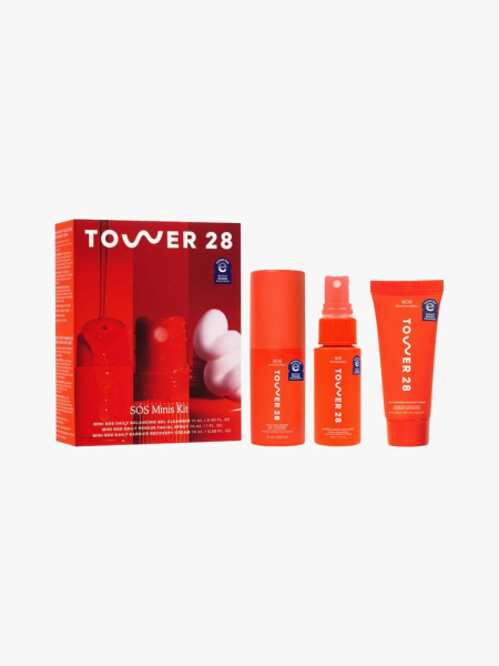 Tower 28 Beauty Mini SOS Skincare Bestsellers Set in branded components on a light gray background