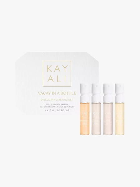 Kayali Vacay in a Bottle Discovery Set in branded components on a light gray background