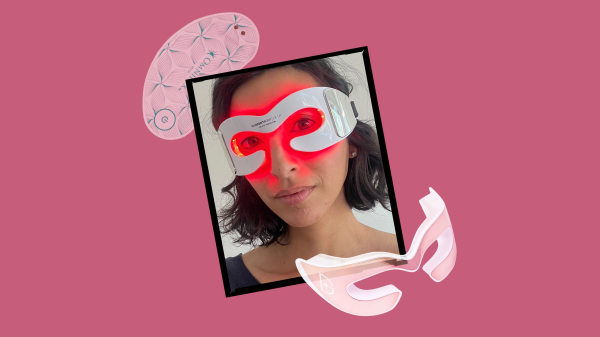 Image contains an Allure editor wearing an LED eye masks surround by other LED eye masks