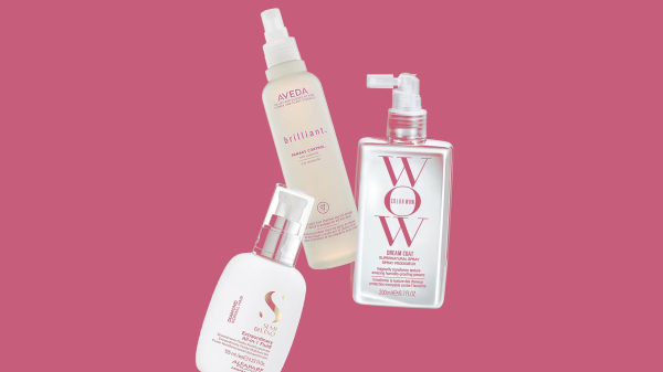 A collage of Aveda Color Wow and Alfaparf heat protectant sprays on a red background