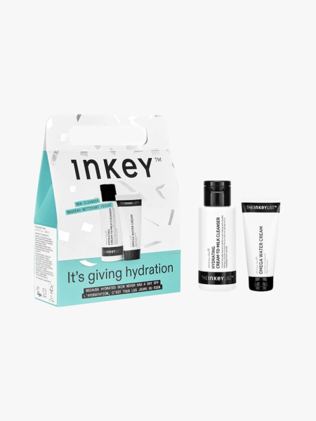 Inkey List It’s Giving Hydration Gift Set in branded components on a light gray background
