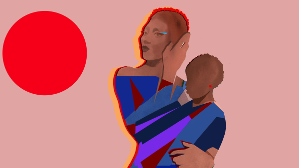 Illustrated figure running hand through her hair while holding baby.