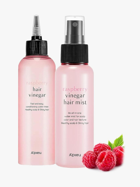 A’PIEU Raspberry Vinegar Hair Care Set in branded components on a light gray background