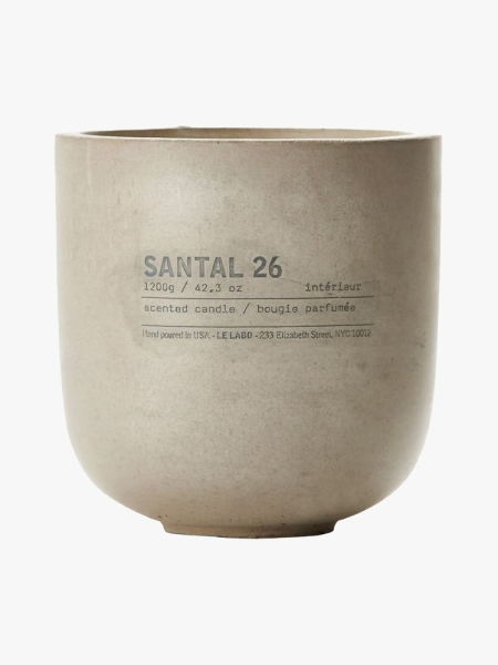 Le Labo Limited-Edition Black Concrete Candle Santal 26 in branded component on a light gray background